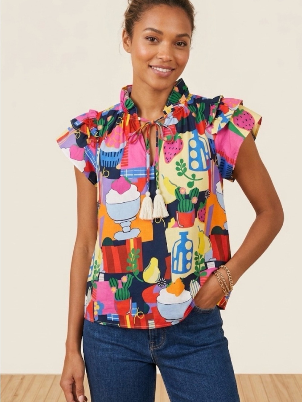 THML Top Blouse Multicolor Ruffle Tie-Neck Cap-Sleeve